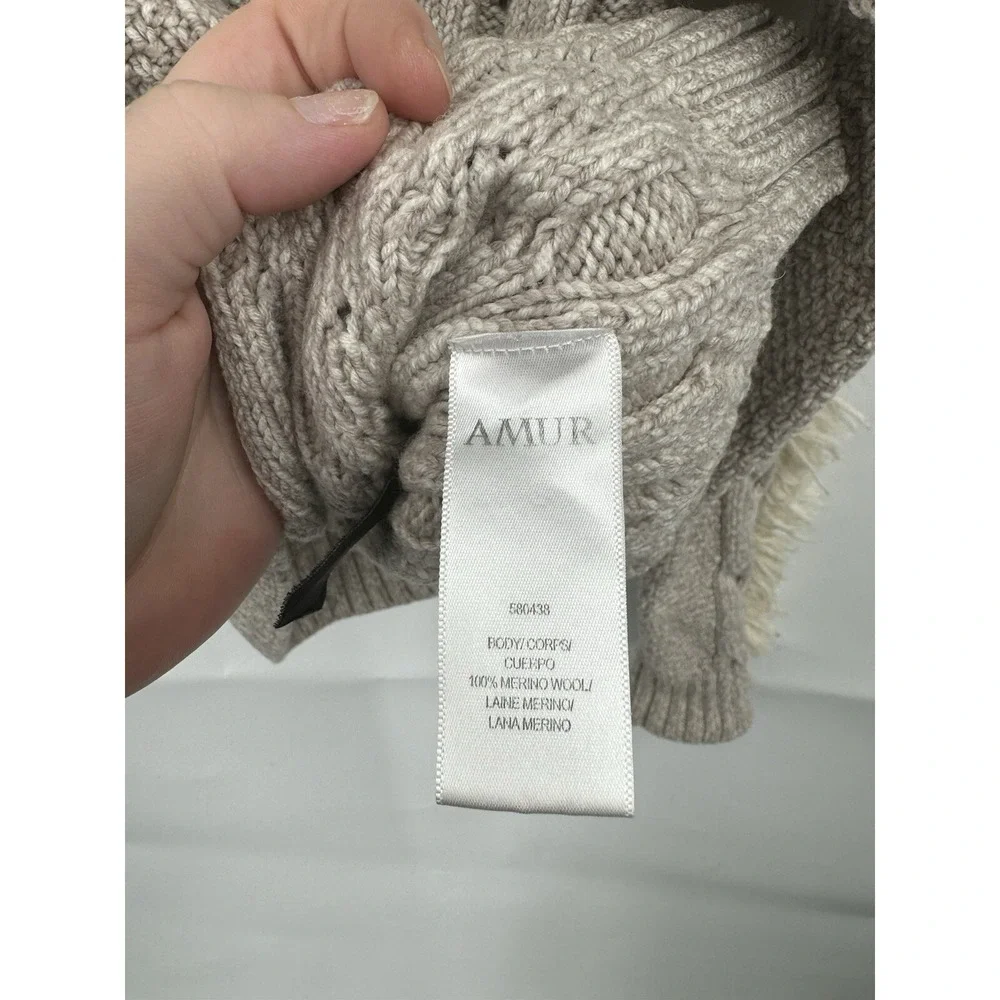 Amur Sweater Women Large Gray Cable Knit Western Fringe Fisherman‎ Sweater Wool